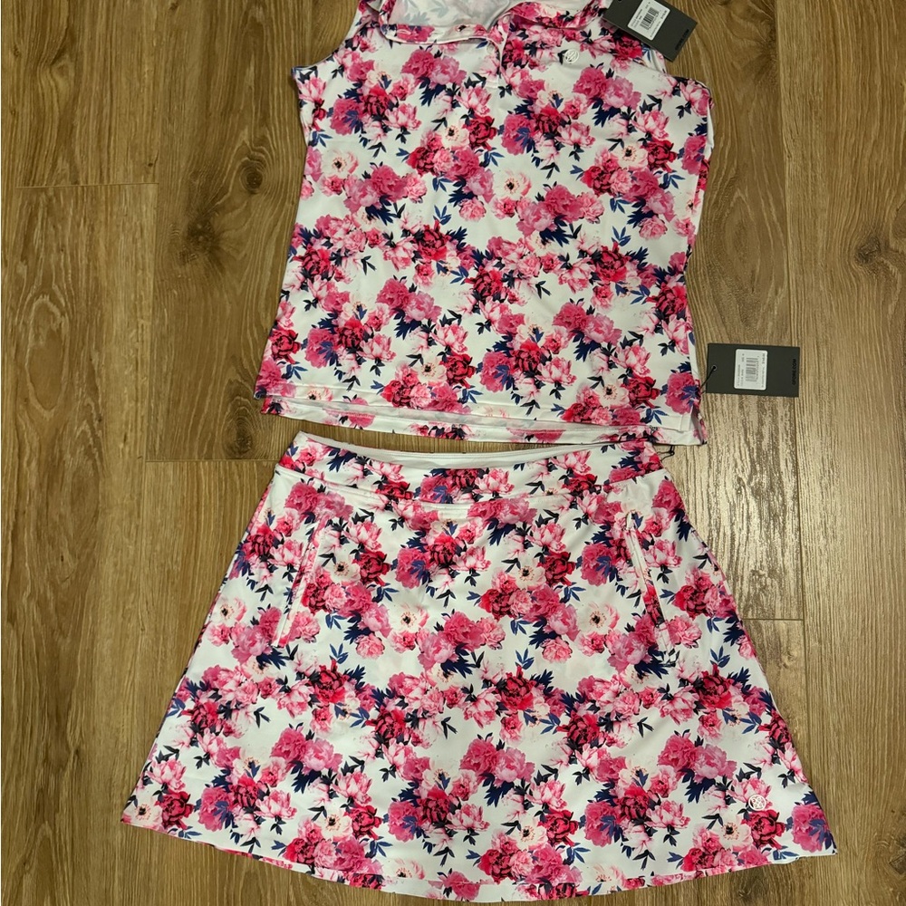G/FORE Womens MEDIUM Floral Stretch Tech Jersey Sleeveless Golf Polo and skort